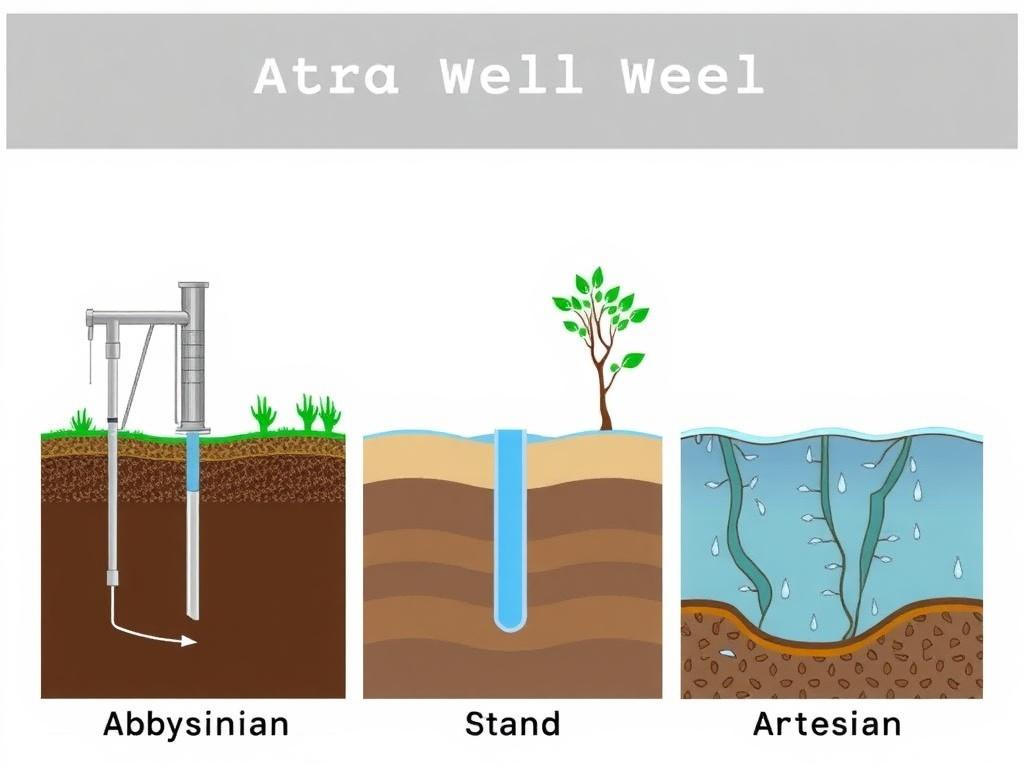 Comparison of well types - Abyssinian, sand, and artesian. Comparison of well types - Abyssinian, sand, and artesian.фото